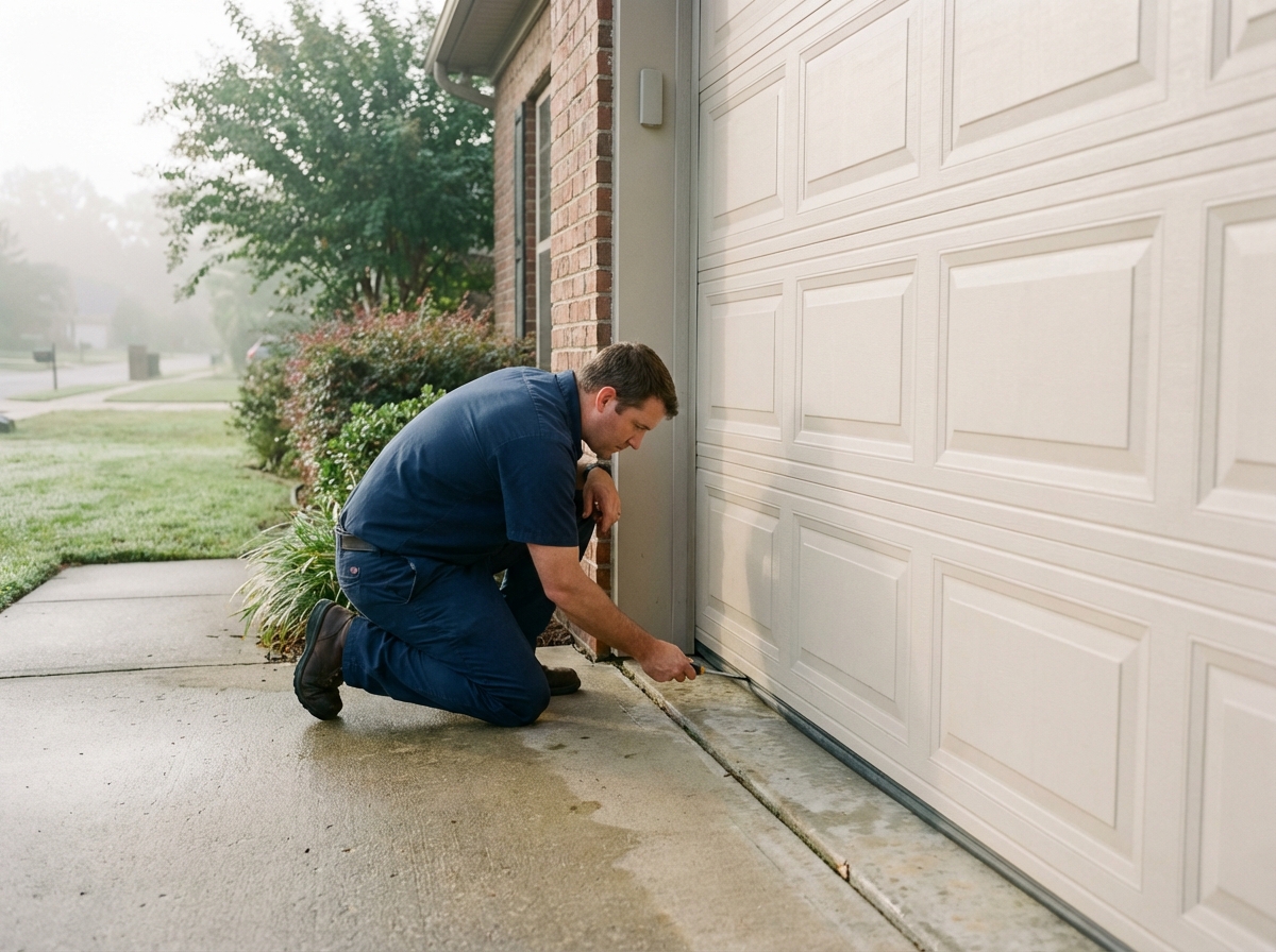 Technician checking garage door seal in humid Alabama conditions