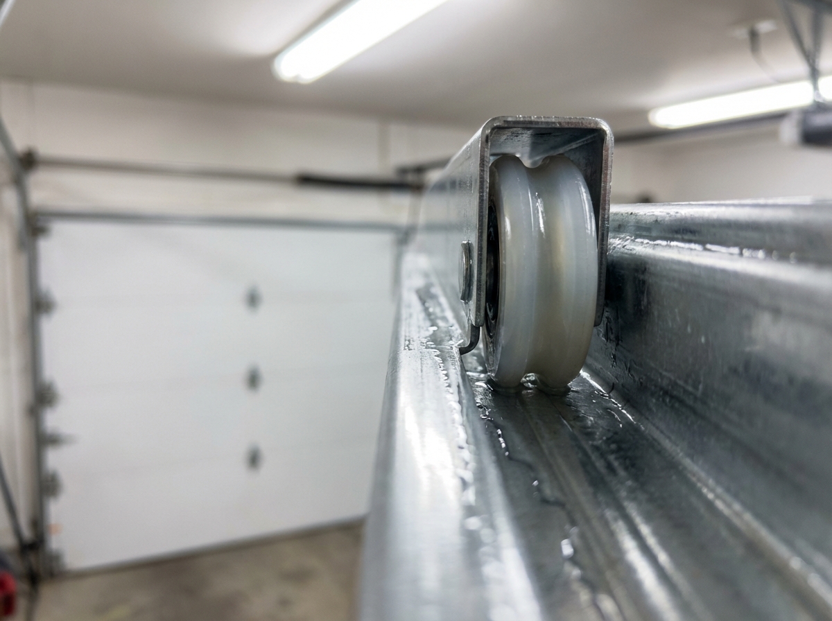 Well-maintained garage door track and roller showing clean lubricated hardware