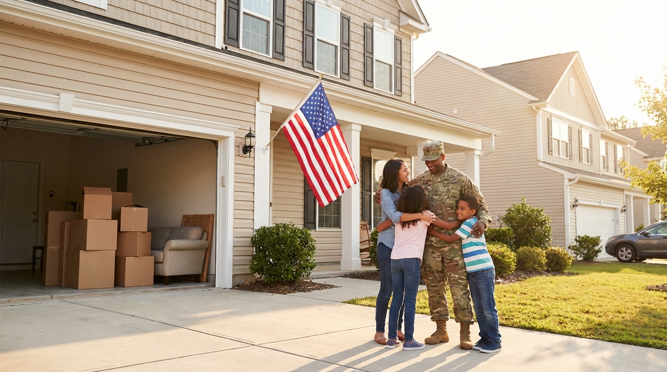 Suburban Alabama home garage door ready for military family move-in