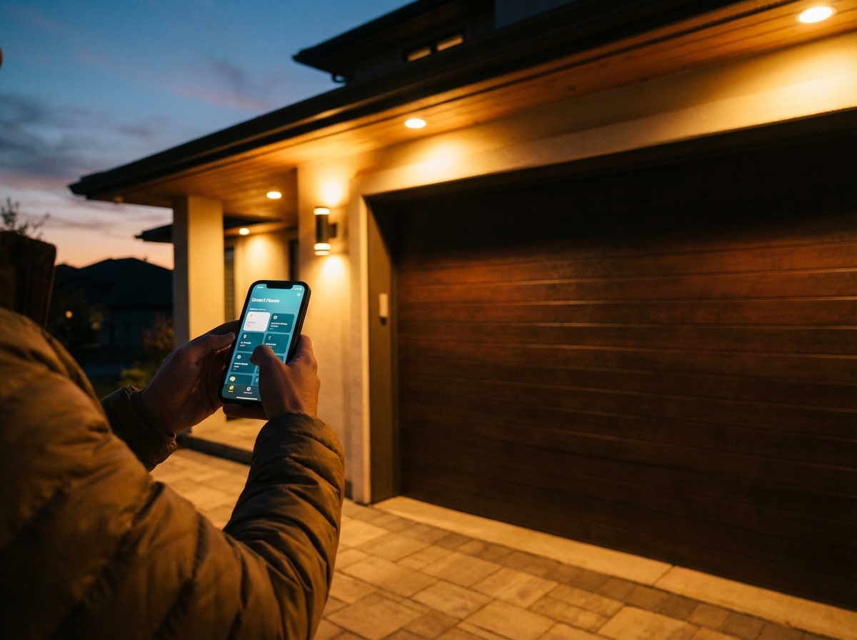 Person using smartphone app to control their garage door from the driveway at twilight