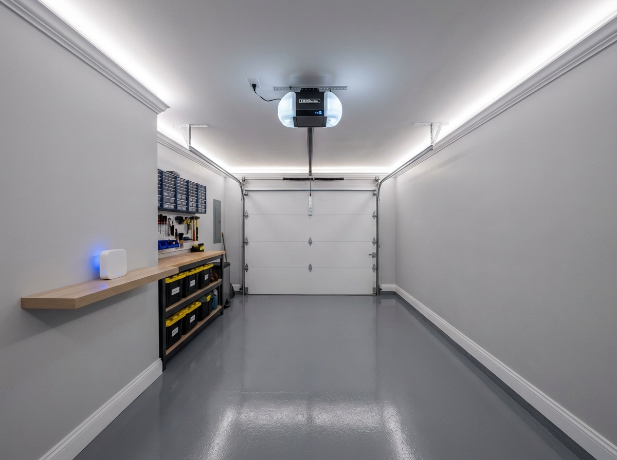 Modern smart garage door opener unit mounted on ceiling of a clean organized garage