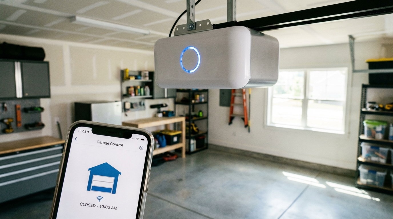 Smart garage door opener with smartphone app control installed in Huntsville home