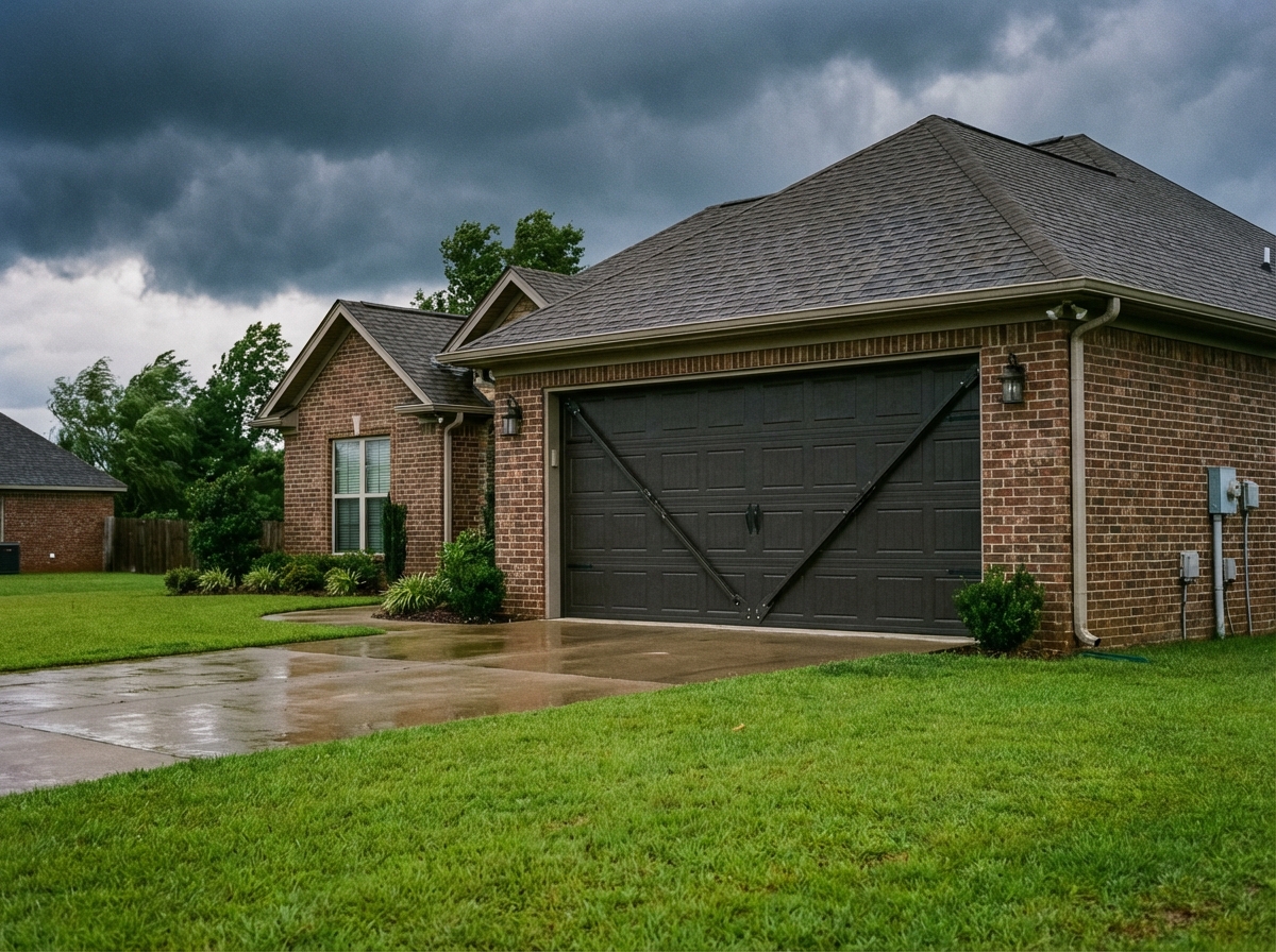 Reinforced residential garage door on an Alabama home with dramatic storm clouds overhead