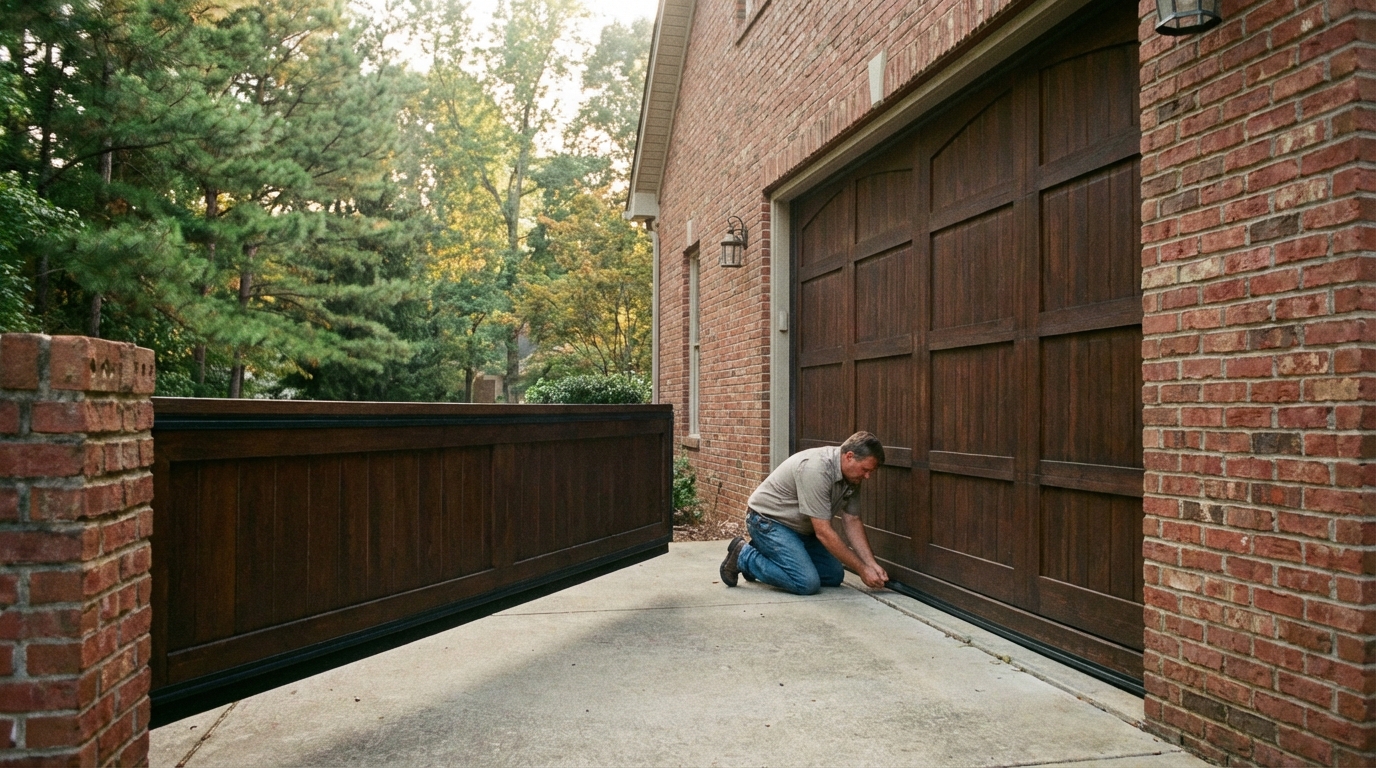 Garage door weatherstripping being inspected on an Alabama home