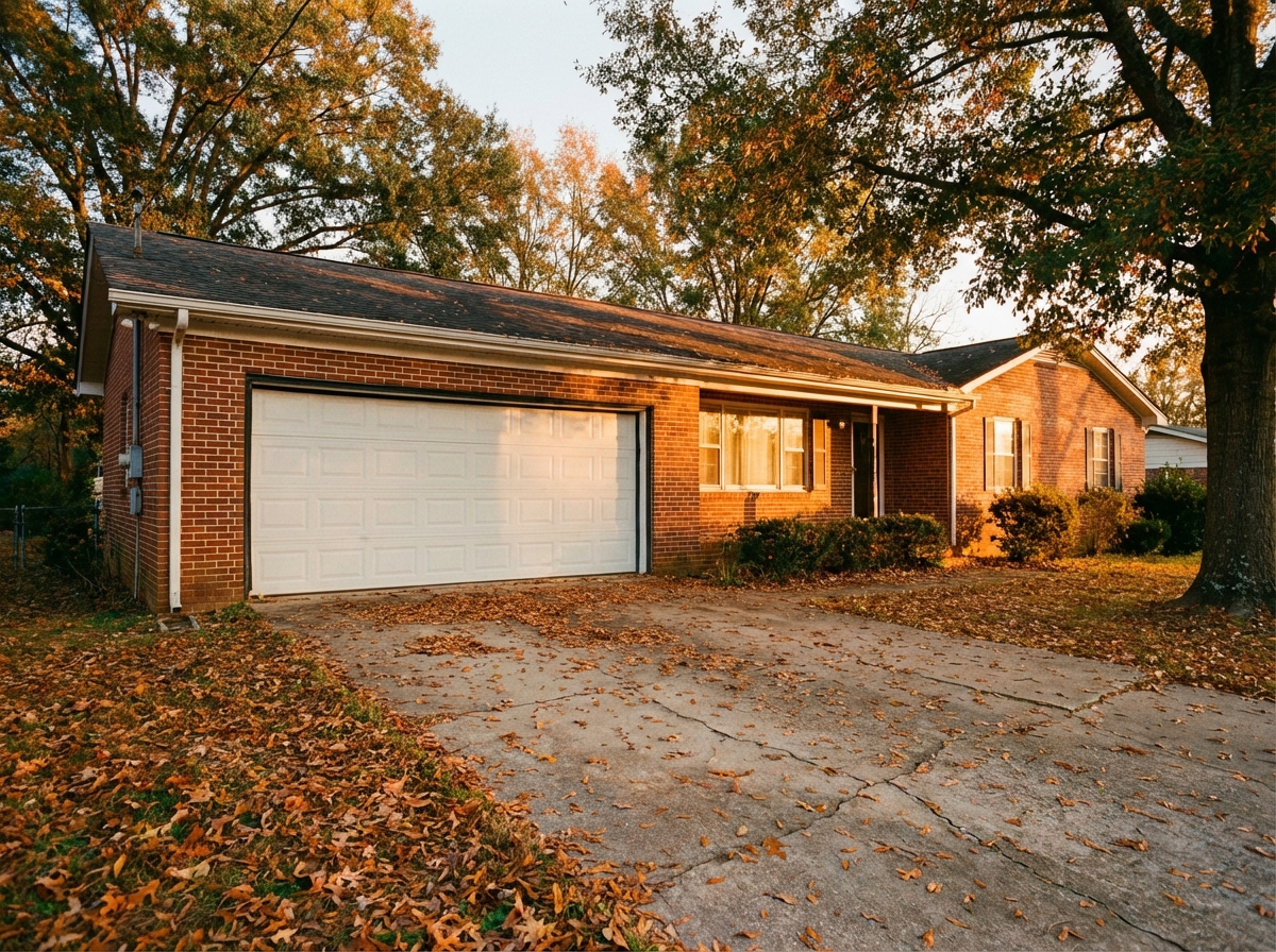 Alabama home with weatherstripping visible around the full garage door frame, autumn leaves on the driveway