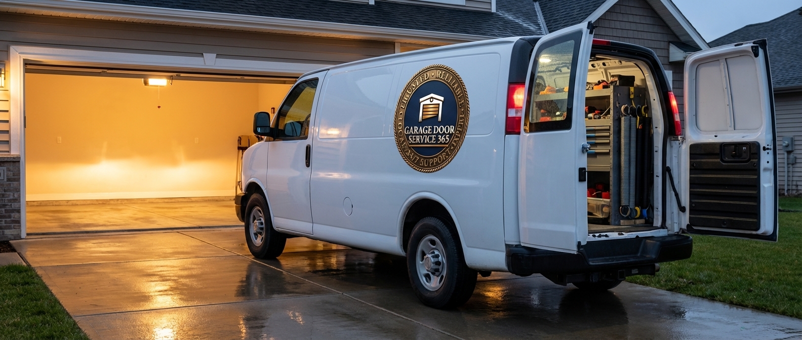 24/7 emergency garage door repair in Alabama - service van arriving at residential home