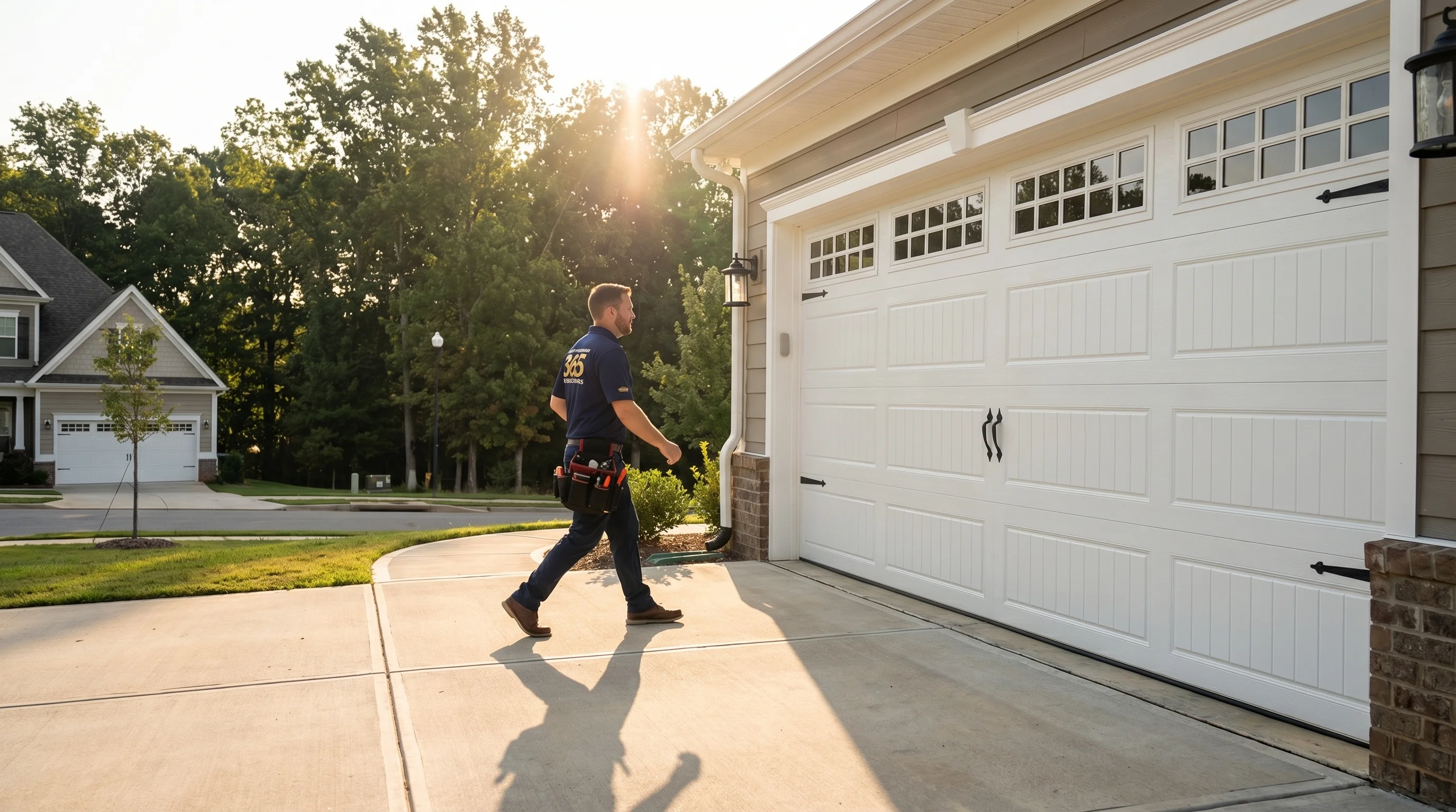 Emergency broken garage door spring repair in Alabama - technician replacing torsion spring on residential garage