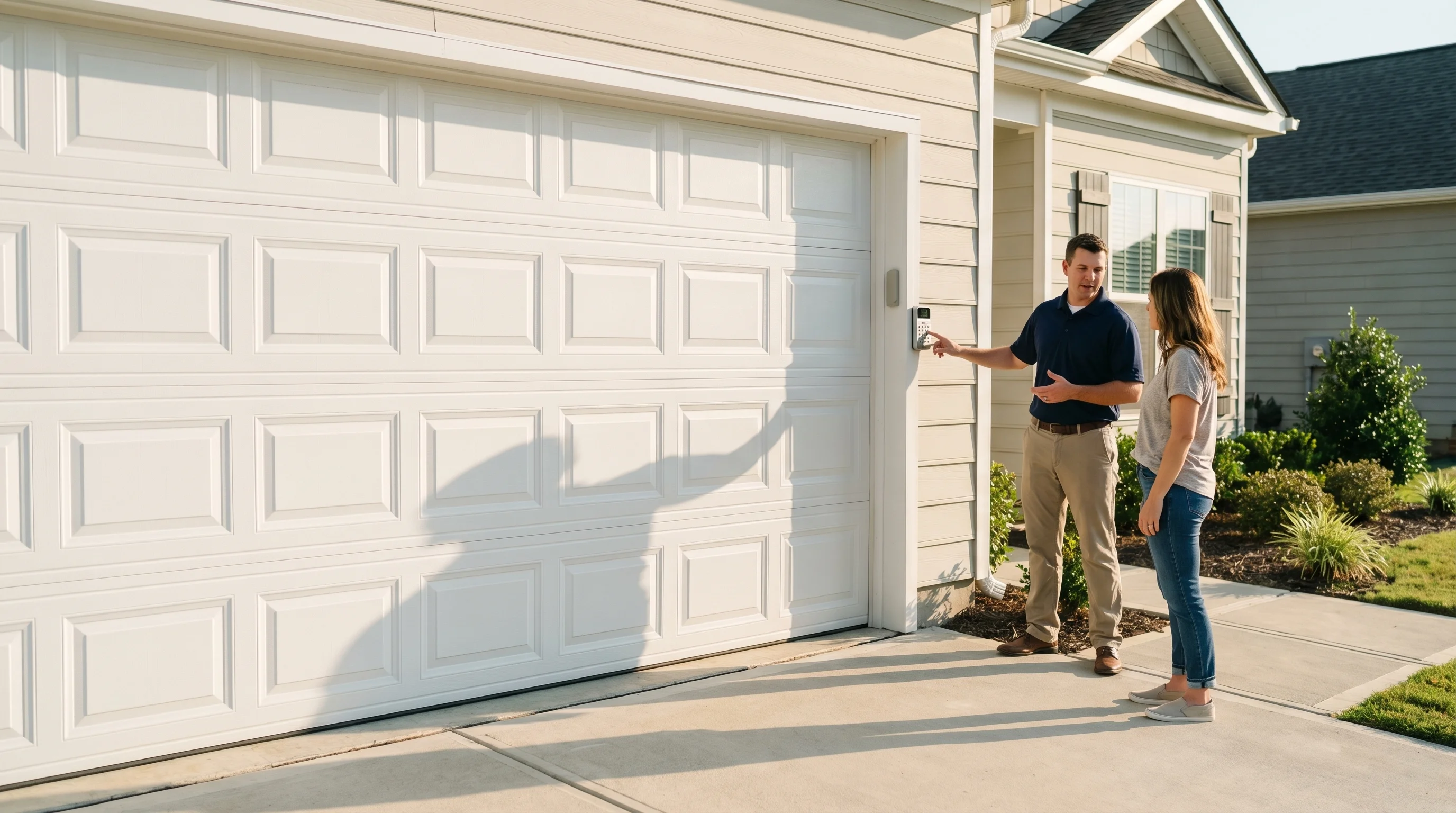 Garage door keypad installation in Alabama - technician programming wireless keypad on residential garage
