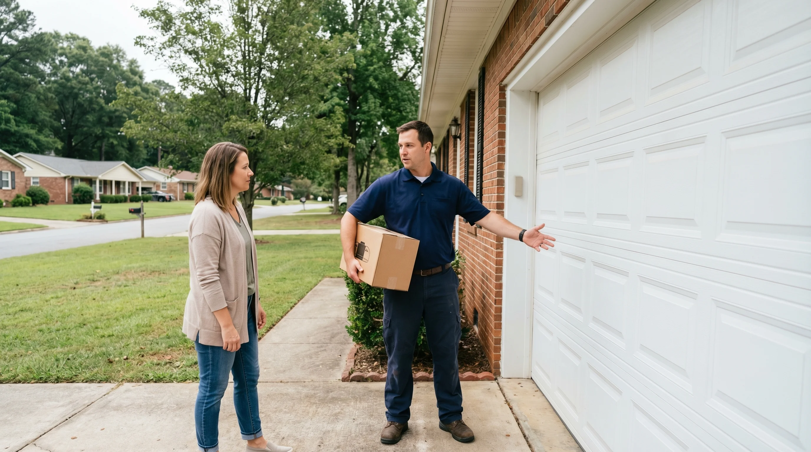 Garage door opener replacement in Alabama - technician installing new belt-drive opener on residential garage
