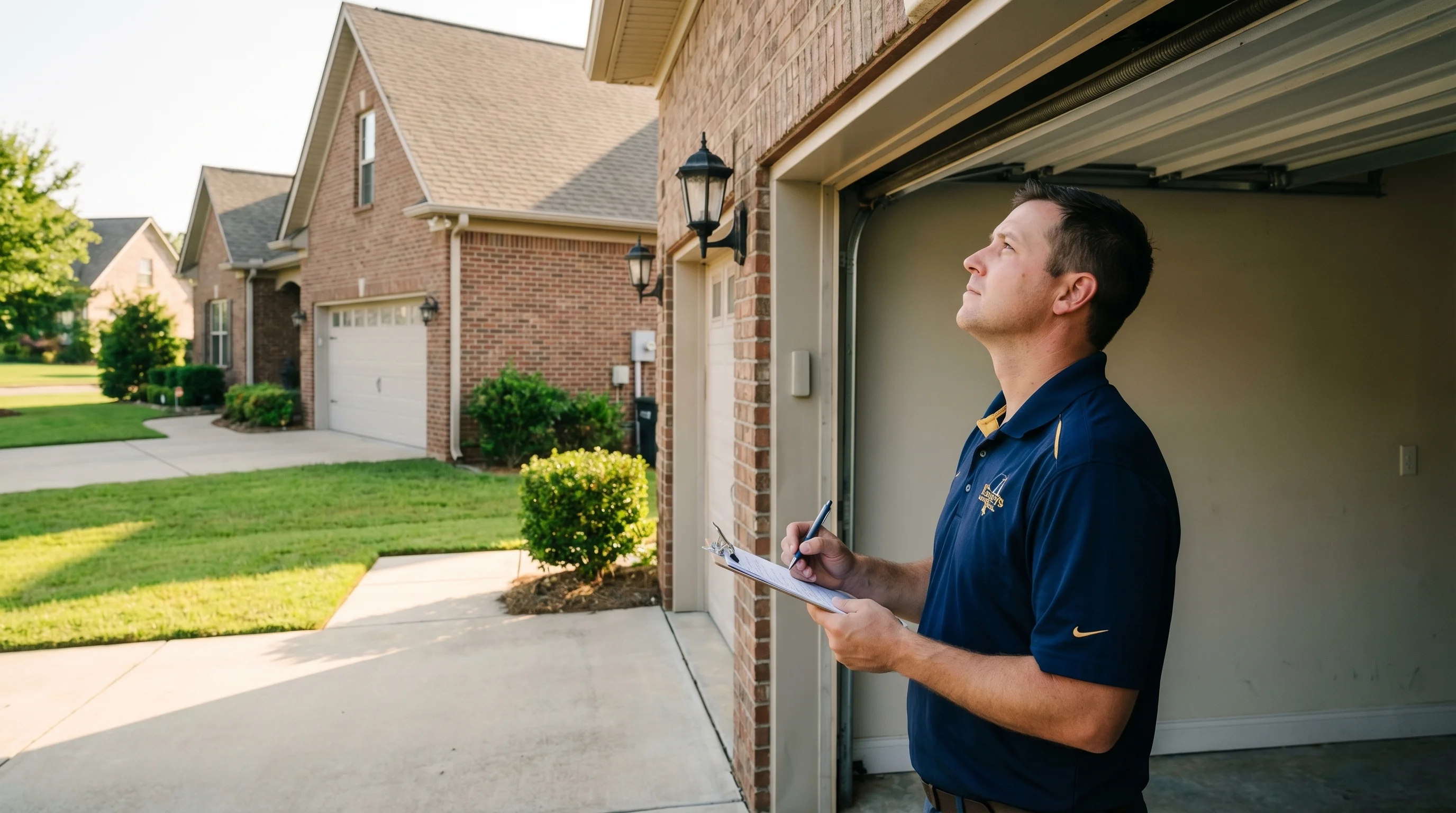 Garage door preventive maintenance service in Alabama - technician inspecting and lubricating garage door components