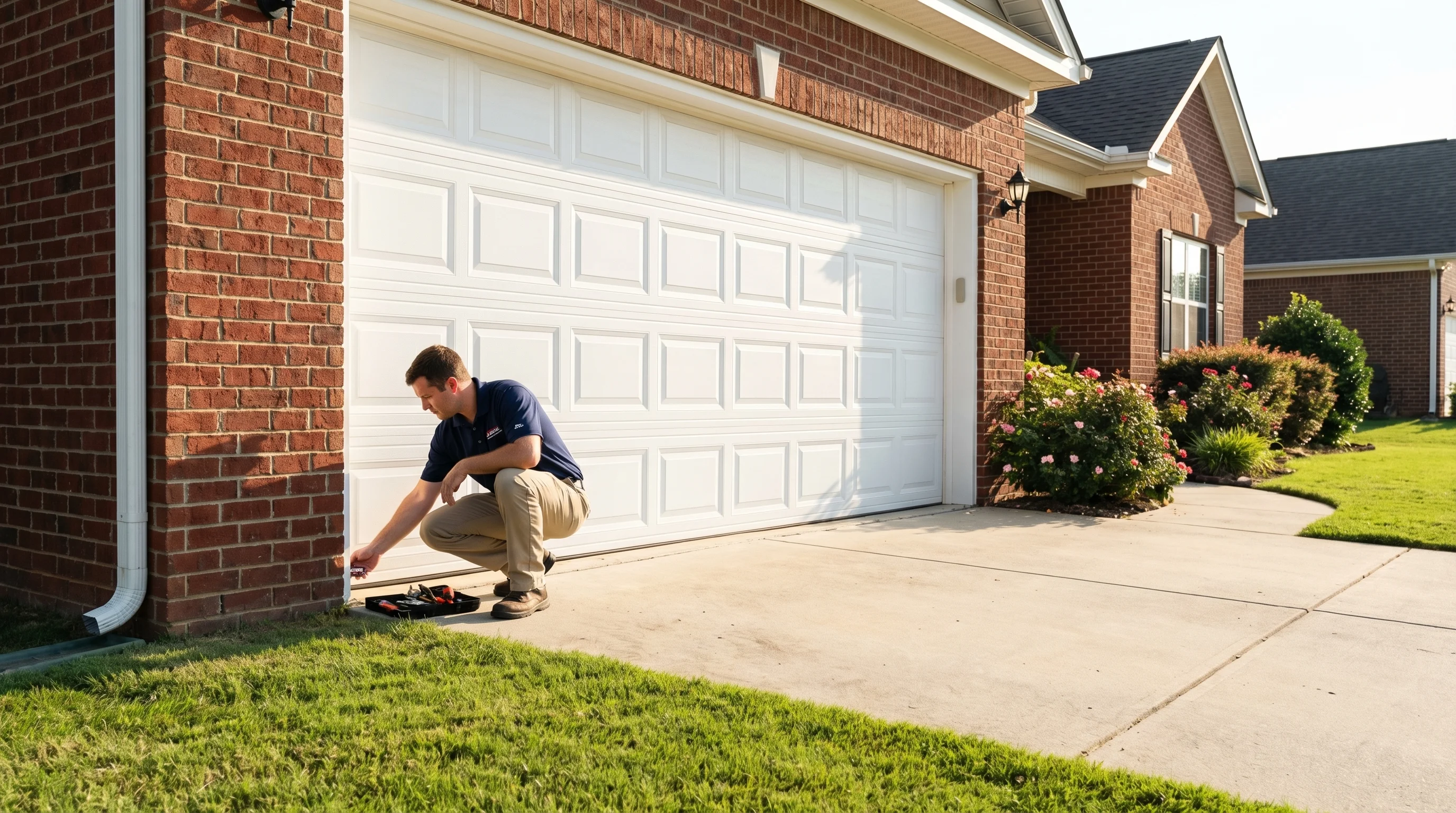 Garage door safety sensor replacement in Alabama - technician aligning photo-eye sensors on residential garage door