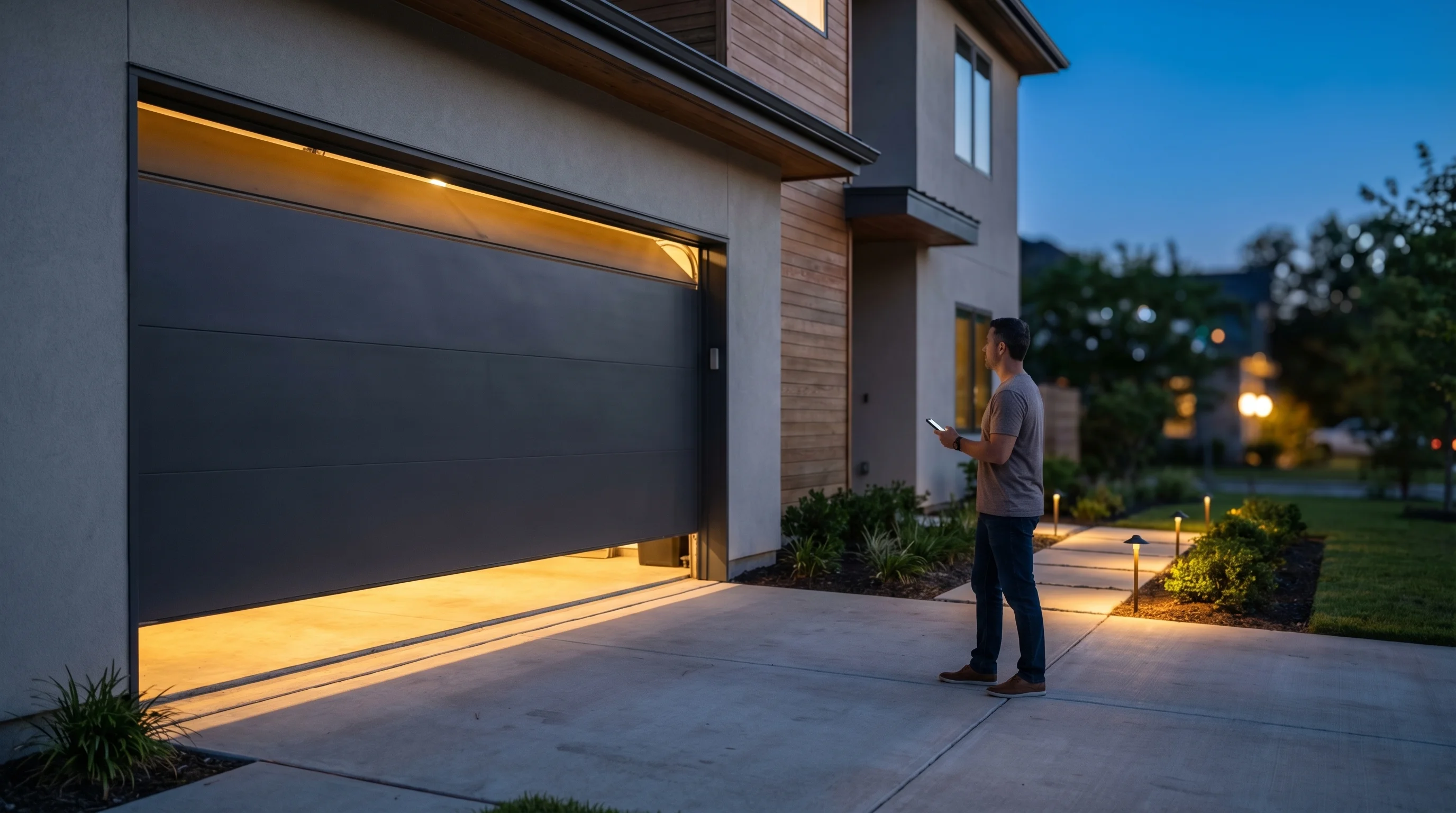Smart garage door integration in Alabama - modern home with connected opener and smartphone control