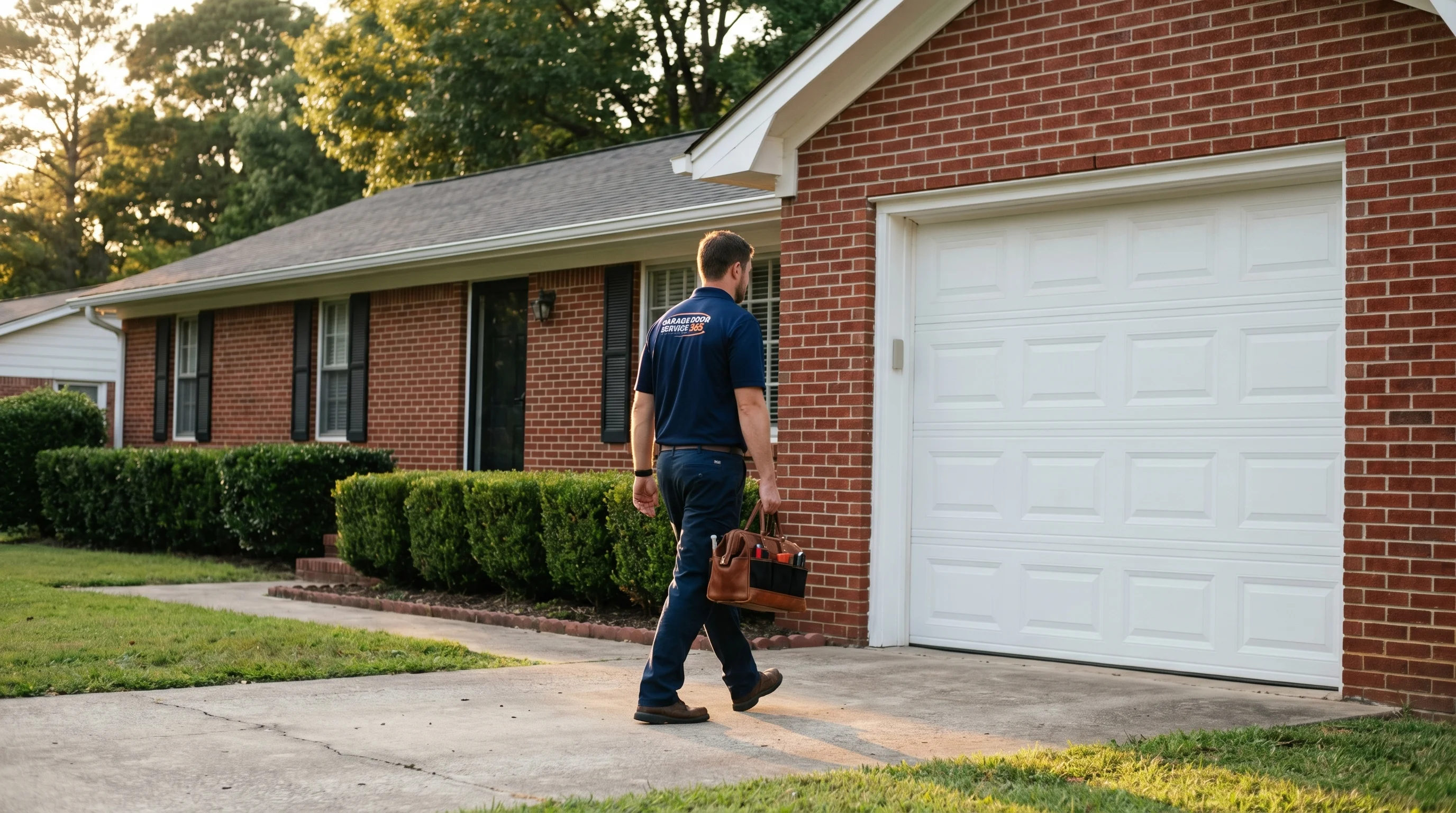 Garage door torsion spring repair in Alabama - technician replacing broken torsion spring above garage door