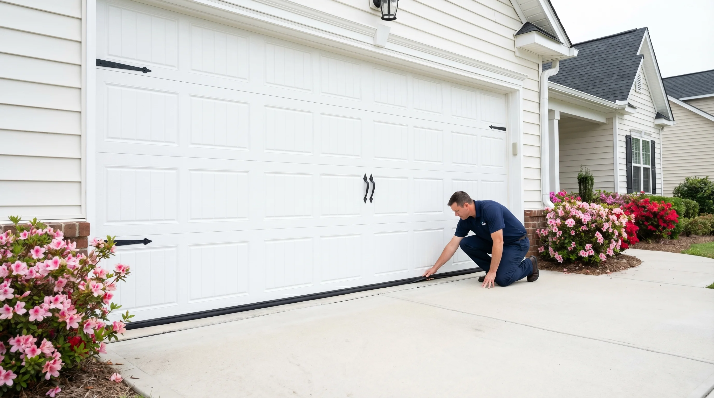 Garage door weather stripping replacement in Alabama - technician installing new bottom seal on residential garage door