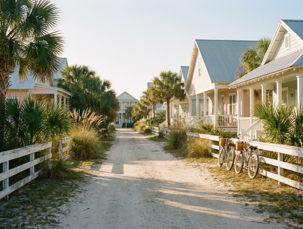 Coastal residential street scene representative of Gulf Shores, Alabama beach neighborhoods