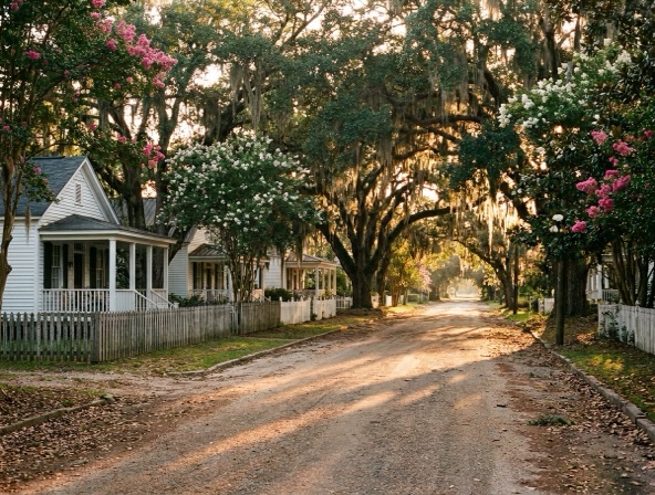 Oak-canopy residential street scene representative of Magnolia Springs, Alabama