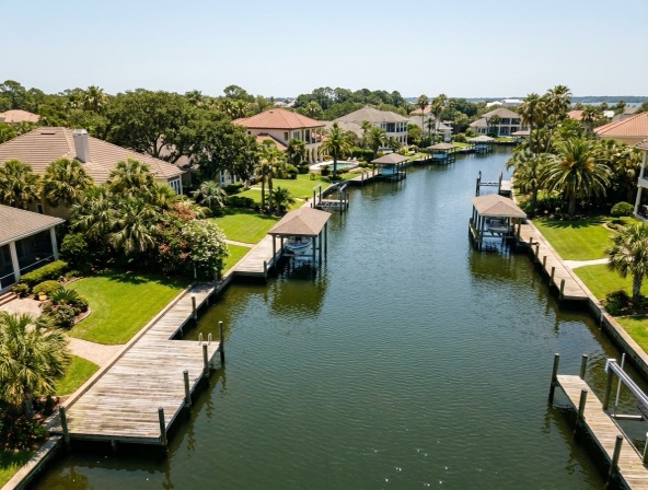 Canal-front residential scene representative of Ono Island, Alabama waterfront homes