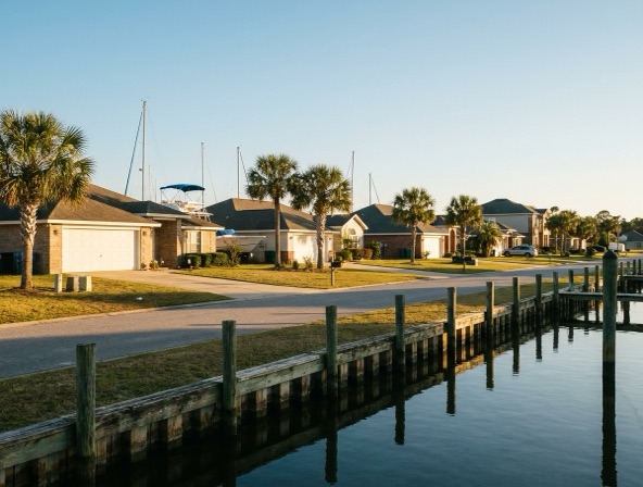 Marina-adjacent residential street scene representative of Orange Beach, Alabama boat communities