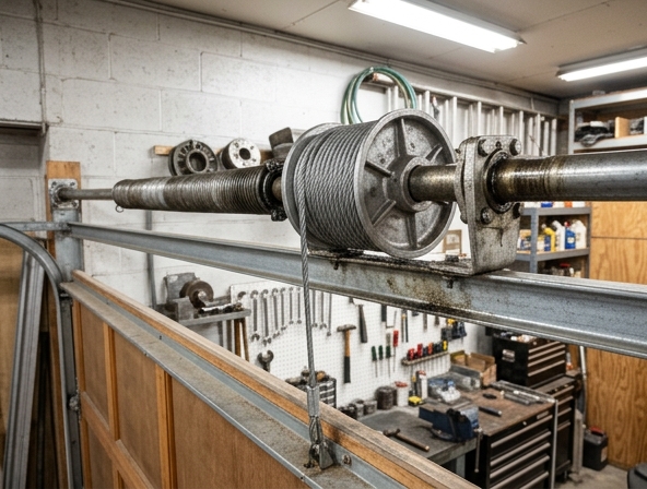 Garage door cable drum mechanism at the top corner showing cable winding
