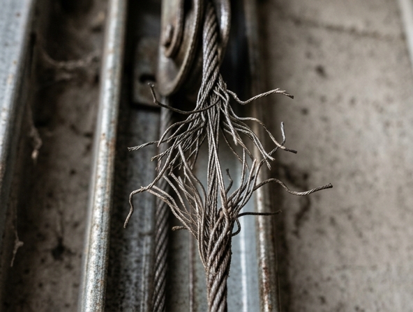 Frayed and snapped garage door lift cable close-up