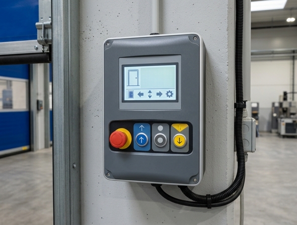 Commercial door automation control panel being tested by a technician