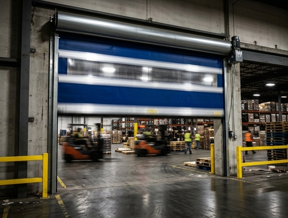 High-speed warehouse door opening rapidly in a busy distribution facility
