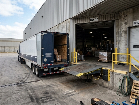 Warehouse loading dock with dock seal system and leveler installed