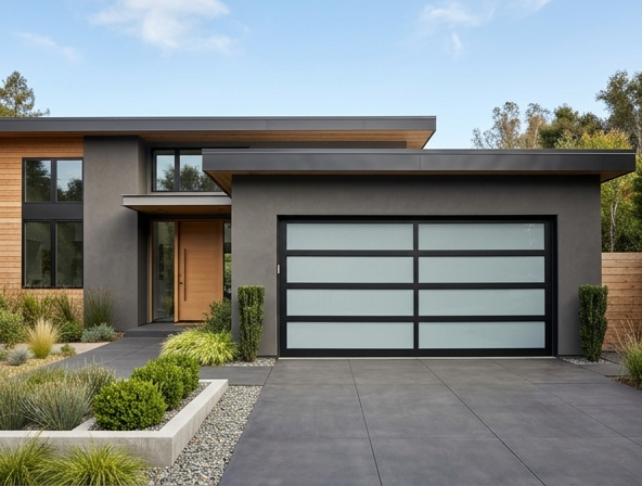 Custom contemporary aluminum garage door with frosted glass panels on modern home facade