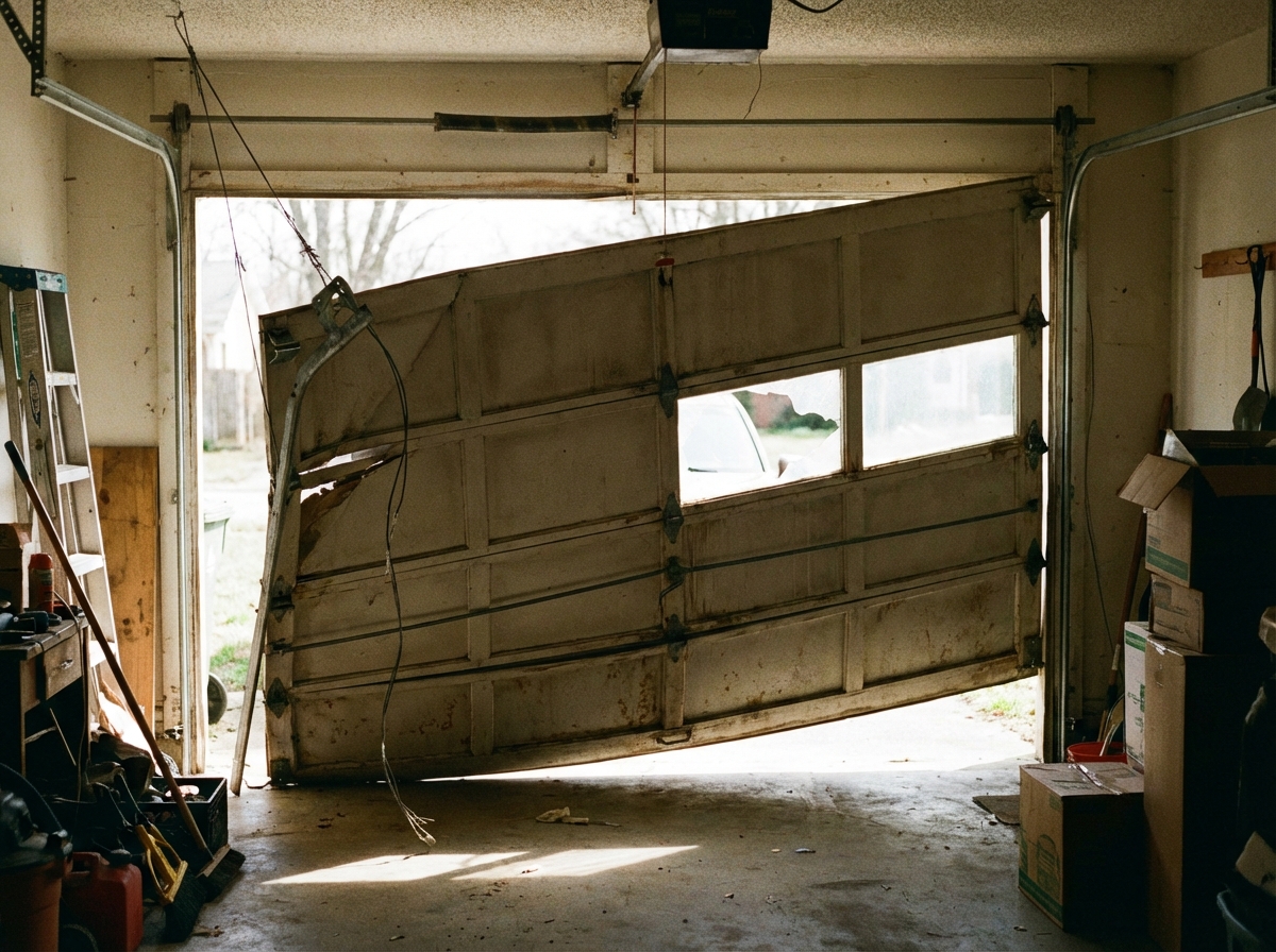 Garage door hanging crooked and off the track after derailing