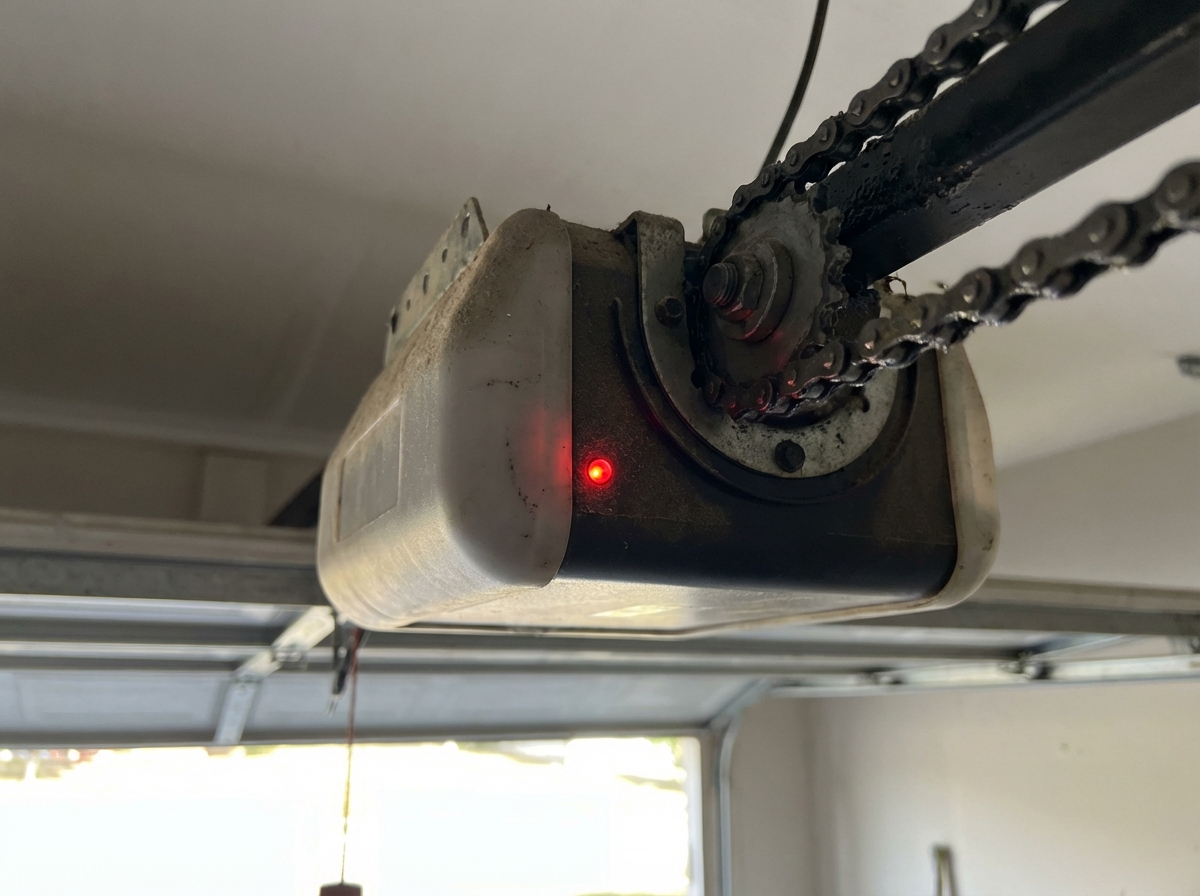 Garage door opener motor unit with red warning indicator light on