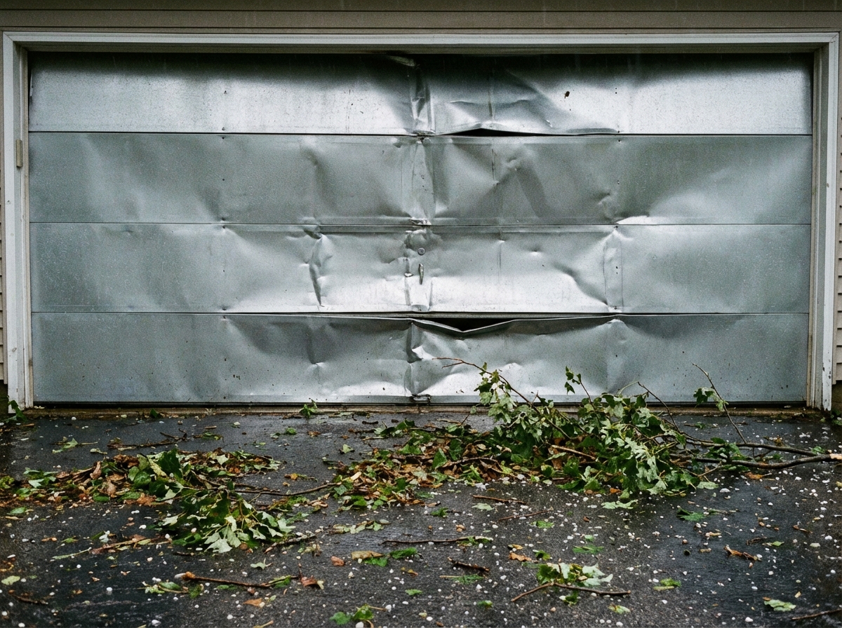Storm-damaged garage door panel with bent frame after Alabama tornado