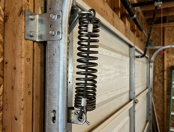 Close-up detail of an extension spring mounted along a garage door horizontal track
