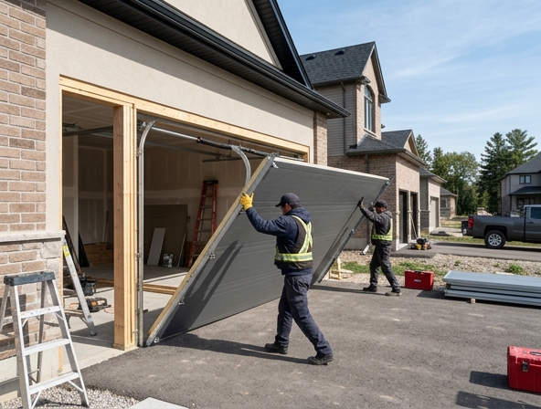 Technician installing new garage door panels into the track system