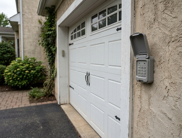 Smart keypad with temporary guest code capability mounted beside garage