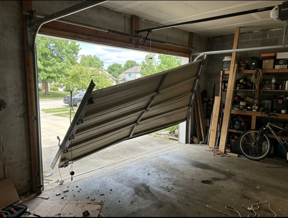 Garage door hanging crooked after jumping off its track
