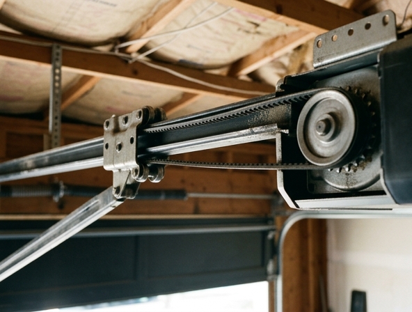 Ultra-quiet belt drive garage door opener installed above an attached garage