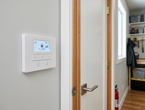 Garage door opener wall control panel showing the override button used when sensors fail