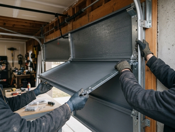 Technician installing a new factory-matched garage door panel with proper hinge alignment