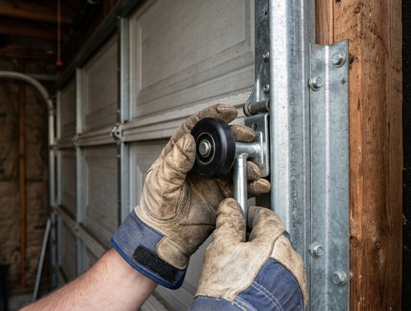 New nylon garage door roller seated properly in the vertical track showing correct alignment