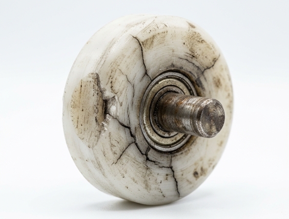 Close-up of a severely worn garage door roller with cracked nylon wheel and damaged bearings