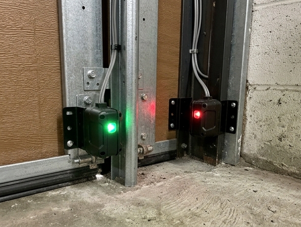 Pair of garage door safety sensors mounted on brackets showing LED status lights