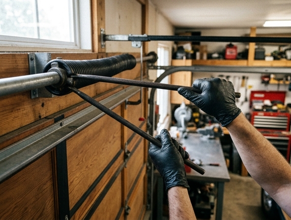 Professional spring winding bars laid out beside a garage door spring system