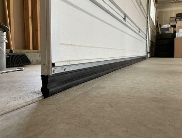 Freshly installed garage door weather seal showing tight contact with floor across full width