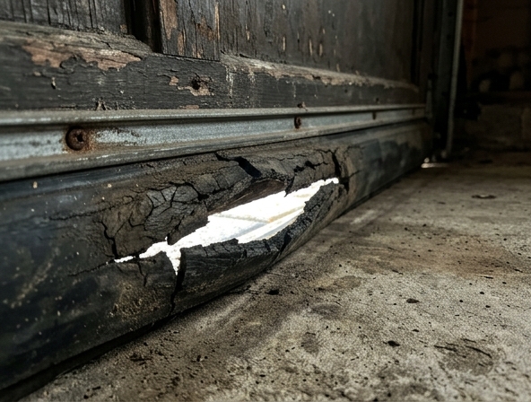 Cracked and dried-out garage door bottom seal showing gaps that allow air and pests inside